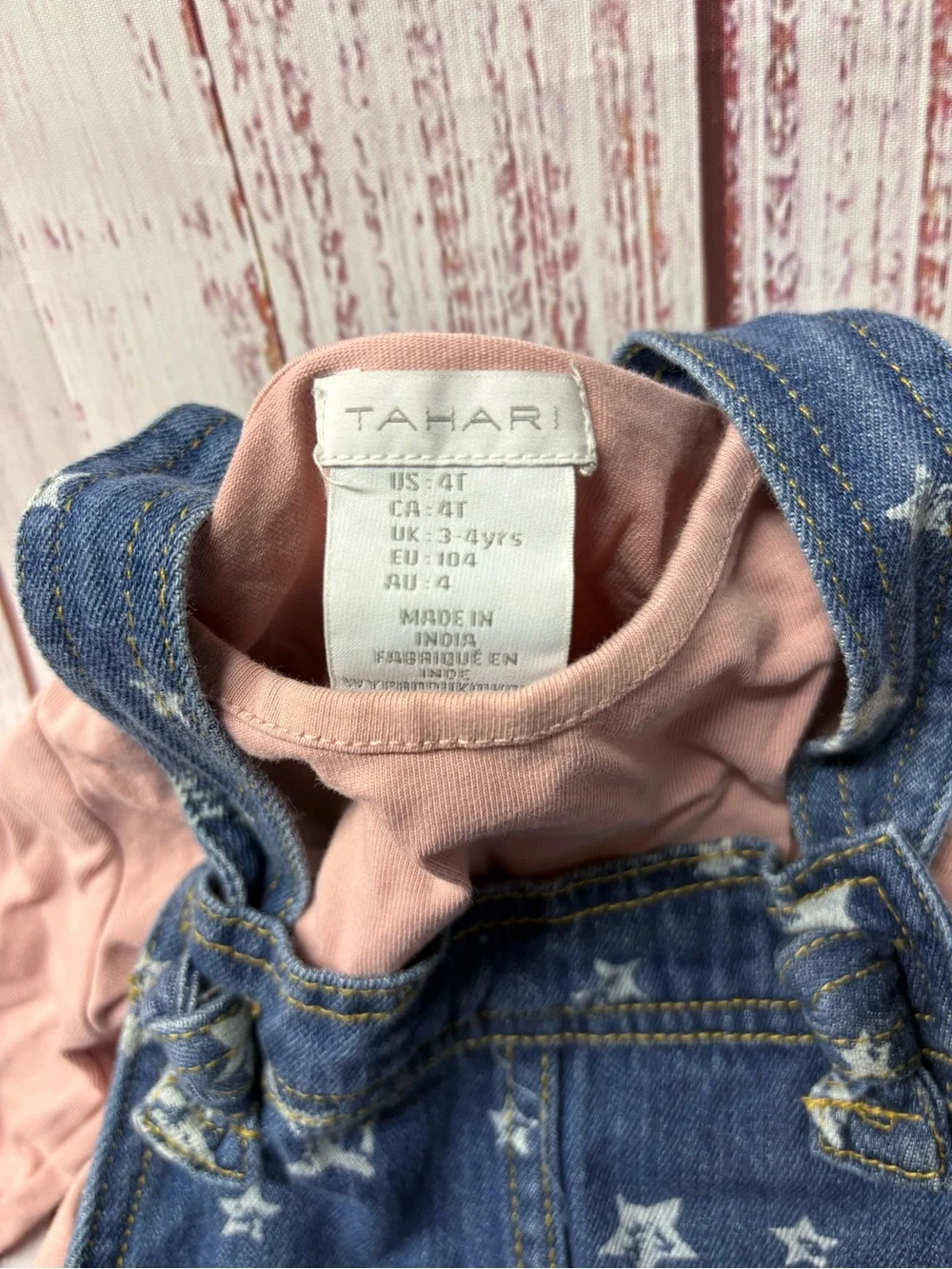 Tahari Star-Print Denim Overall Dress with Pink Top